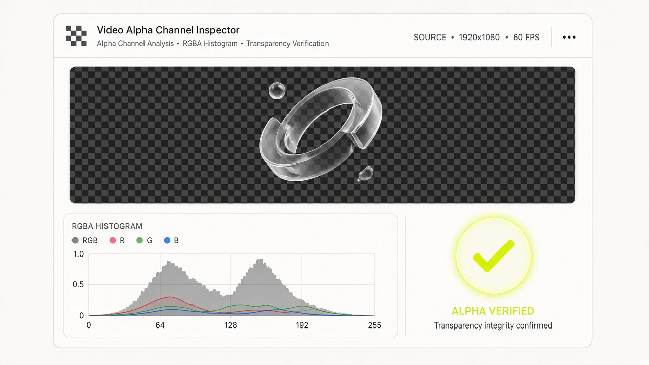 Transparent video alpha channel inspector showing RGBA pixel transparency histogram and frame verification
