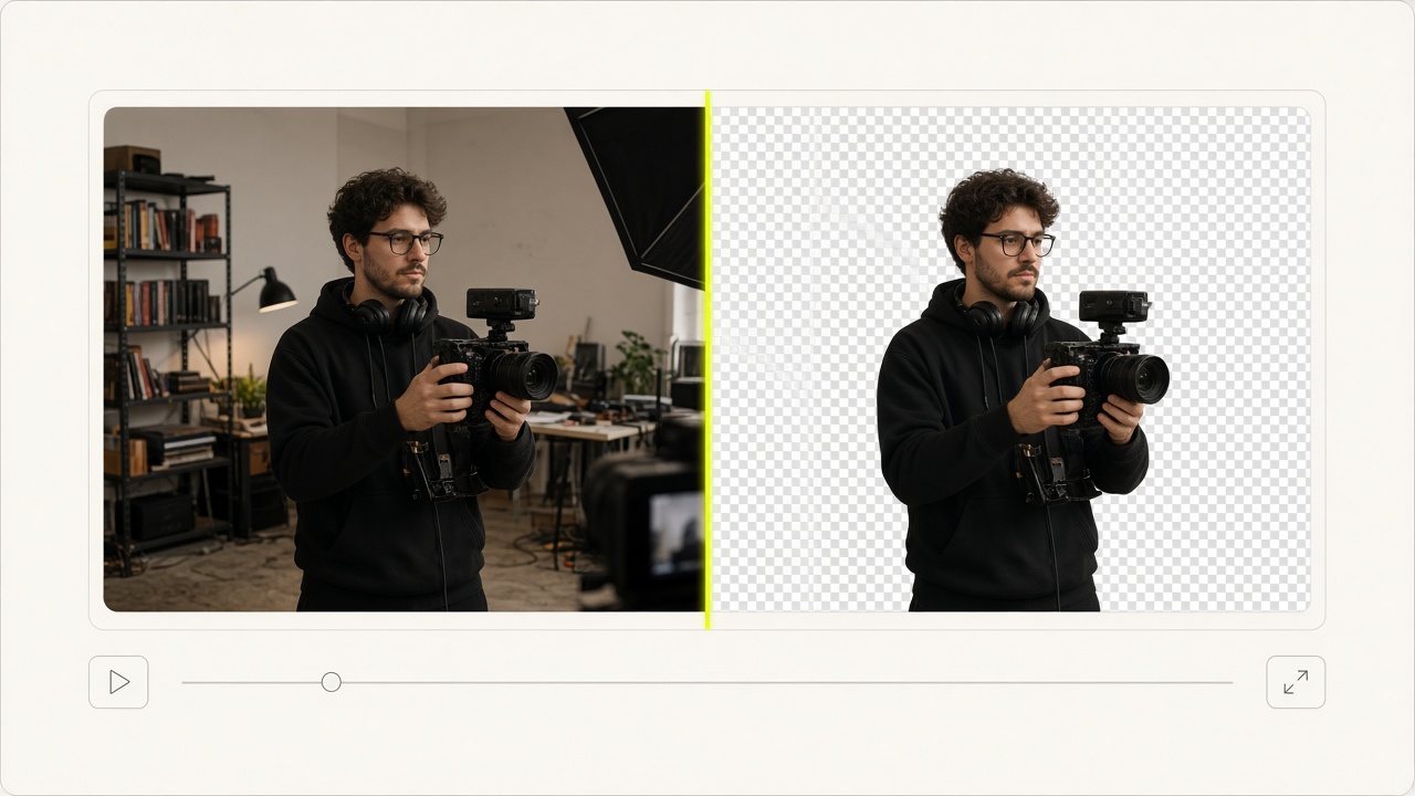AI Video Background Remover before and after comparison showing automatic subject isolation onto transparent checkerboard