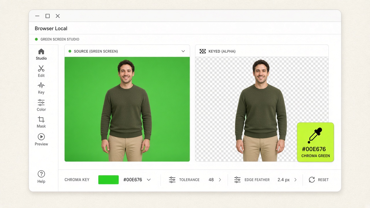 Browser-local green screen chroma key workspace before and after comparison with similarity and spill controls